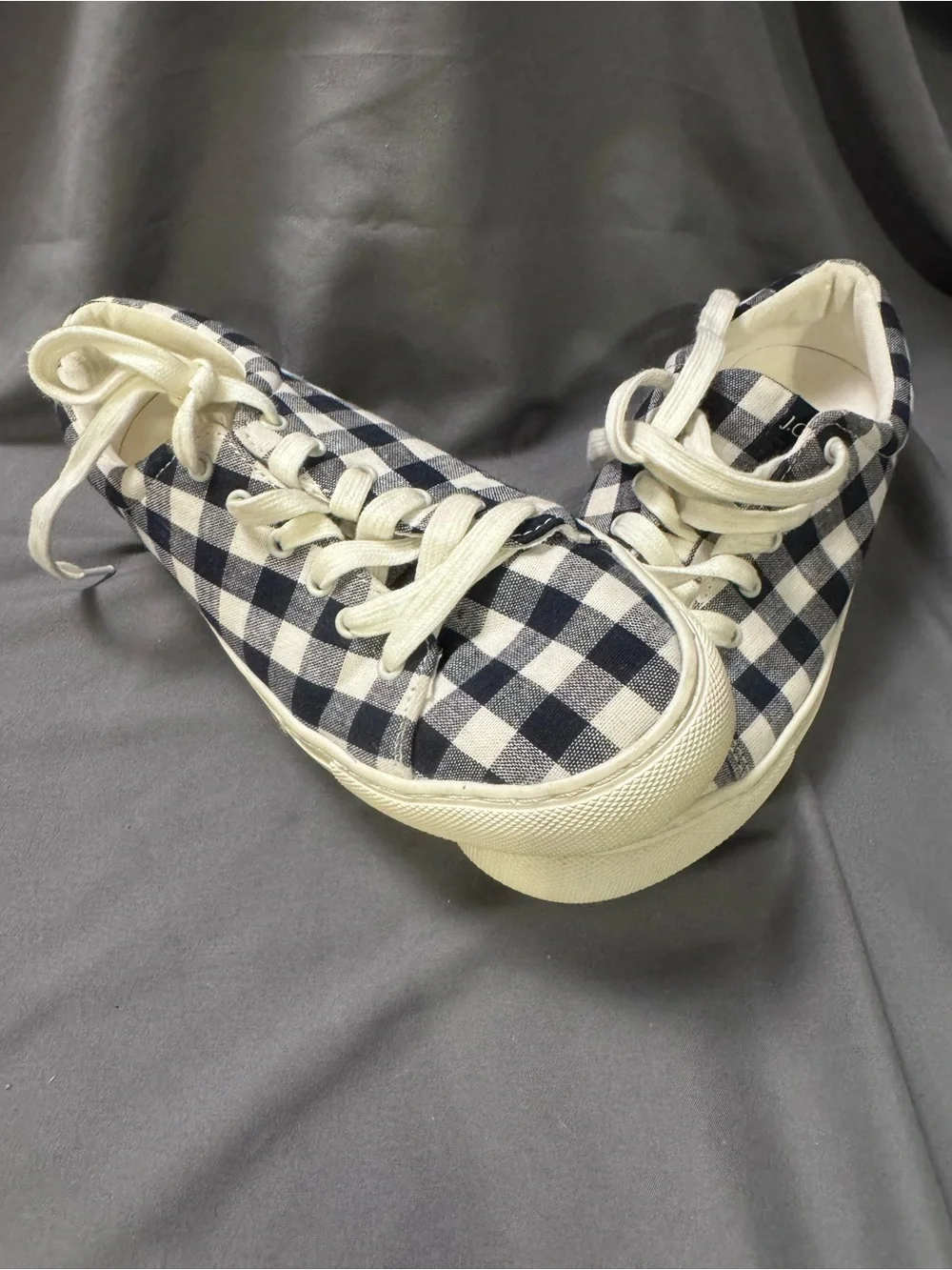 J. Crew Navy and White Gingham Lace-Up Canvas Sneakers-0023